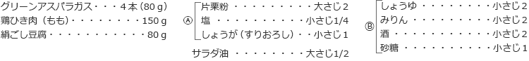 グリーンアスパラガス
:4本(80g)
鶏ひき肉(もも):150g
絹ごし豆腐:80g
Ⓐ
片栗粉:大さじ2
塩:小さじ1/4
しょうが(すりおろし)
:小さじ1
サラダ油:大さじ1/2
Ⓑ
しょうゆ:小さじ2
みりん:小さじ2
酒:小さじ2
砂糖:小さじ1