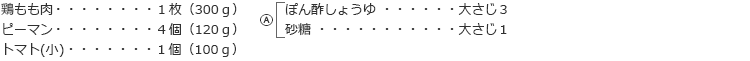 鶏もも肉:1枚(300g)
ピーマン:4個(120g)
トマト(小):1個(100g)
Ⓐ
ぽん酢しょうゆ:大さじ3
砂糖:大さじ1
