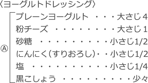 〈ヨーグルトドレッシング〉
A
　 プレーンヨーグルト：大さじ4
　 粉チーズ：大さじ1
　 砂糖：小さじ1/2
　 にんにく（すりおろし）：小さじ1/2
　 塩：小さじ1/4
　 黒こしょう：少々