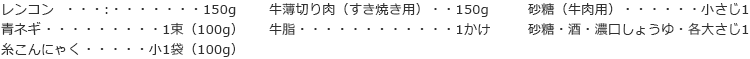 レンコン　150g
青ネギ　1束（100g）
糸こんにゃく　小1袋（100g）
牛薄切り肉（すき焼き用）　150g
牛脂　1かけ
砂糖（牛肉用）　小さじ1
砂糖・酒・濃口しょうゆ　各大さじ1