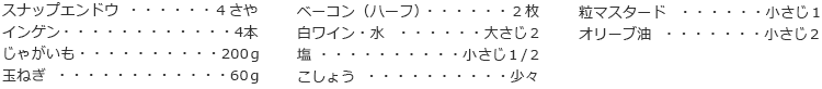 スナップエンドウ　４さや
インゲン　4本
じゃがいも　200ｇ
玉ねぎ　60ｇ
ベーコン（ハーフ）　２枚
白ワイン・水　大さじ２
塩　小さじ１/２
こしょう　少々
粒マスタード　小さじ１
オリーブ油　小さじ２