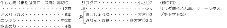 牛もも肉（または肩ロース肉）薄切り　12枚
アスパラガス　8本
ニンジン 　中1本
焼きのり　4枚
サラダ油　小さじ2
塩　少々
A
濃口しょうゆ　大さじ3
みりん・砂糖　各大さじ2.5
〈飾り用〉
サラダほうれん草、サニーレタス、プチトマトなど