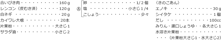 合いびき肉　160ｇ
レンコン（皮むき済）　120ｇ
白ネギ　20ｇ
カイワレ大根　20本
片栗粉　大さじ１
サラダ油　小さじ２

A
卵　1/２個
塩　小さじ１/4
こしょう　少々

〈きのこあん〉
エノキ　30ｇ
シイタケ　１個
だし　100cc
みりん・濃口しょうゆ　各大さじ１
水溶き片栗粉　（片栗粉大さじ1・水大さじ2）