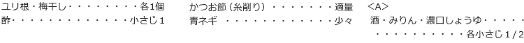 ユリ根・梅干し　各1個
酢　小さじ１
かつお節（糸削り） 適量
青ネギ　少々

＜A＞
酒・みりん・濃口しょうゆ　各小さじ１/２