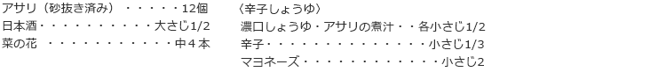 アサリ（砂抜き済み）　12個
日本酒　大さじ1/2
菜の花　中４本
〈辛子しょうゆ〉
濃口しょうゆ・アサリの煮汁　各小さじ1/2
辛子　小さじ1/3
マヨネーズ　小さじ2