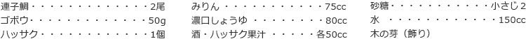 連子鯛　2尾
ゴボウ　50ｇ
ハッサク　1個
みりん　75cc
濃口しょうゆ　80cc
酒・ハッサク果汁　各50cc
砂糖　小さじ２
水　150cc
木の芽（飾り）
