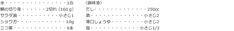 米　1合
鯛の切り身　2切れ（160ｇ）
サラダ油　小さじ1
ショウガ　10g
三つ葉　6本
〈調味液〉
だし　250㏄
酒　小さじ2
薄口しょうゆ　小さじ2
塩　小さじ1/3