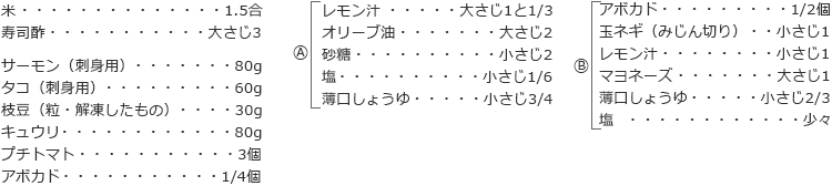 米　1.5合
寿司酢　大さじ3

サーモン（刺身用）　80g
タコ（刺身用）　60g
枝豆（粒・解凍したもの）　30g
キュウリ　80g
プチトマト　3個
アボカド　1/4個

A
レモン汁　大さじ1と1/3
オリーブ油　大さじ2
砂糖　小さじ2
塩　小さじ1/6
薄口しょうゆ　小さじ3/4

B
アボカド　1/2個
玉ネギ（みじん切り）　小さじ1
レモン汁　小さじ1
マヨネーズ　大さじ1
薄口しょうゆ　小さじ2/3
塩　少々