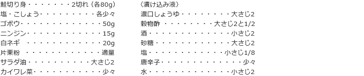 鮭切り身　2切れ（各80g）
塩・こしょう　各少々
ゴボウ　50g
ニンジン　15g
白ネギ　20g
片栗粉　適量
サラダ油　大さじ2
カイワレ菜　少々

〈漬け込み液〉
濃口しょうゆ　大さじ2
穀物酢　大さじ2と1/2
酒　小さじ2
砂糖　大さじ2
塩　小さじ1/8
唐辛子　少々
水　小さじ2