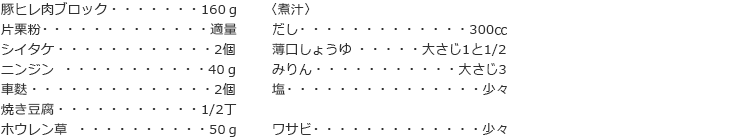 豚ヒレ肉ブロック　 160ｇ
片栗粉　適量
シイタケ　 2個
ニンジン　40ｇ
車麩　2個
焼き豆腐　1/2丁
ホウレン草 　50ｇ
〈煮汁〉
だし　300㏄
薄口しょうゆ　大さじ1と1/2
みりん　大さじ3
塩　少々

ワサビ　少々