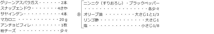 グリーンアスパラガス　2本
スナップエンドウ　4さや
サヤインゲン　4本
マカロニ　20ｇ
アンチョビフィレ　1枚
粉チーズ　少々

A
ニンニク（すりおろし）・ブラックペッパー　各少々
オリーブ油　大さじ1と1/3
リンゴ酢　大さじ1
塩　小さじ1/8