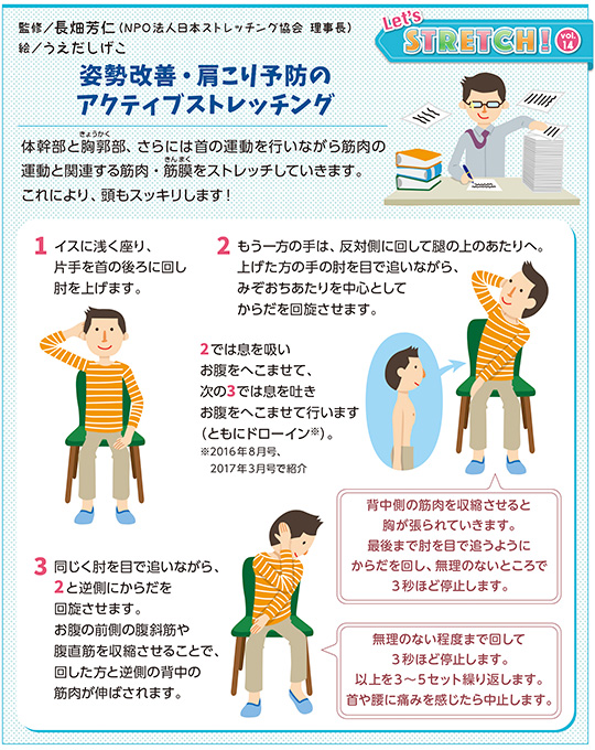 体幹部と胸郭部、さらには首の運動を行いながら筋肉の運動と関連する筋肉・筋膜をストレッチしていきます。これにより、頭もスッキリします!