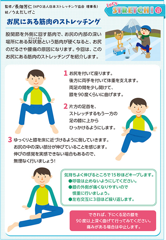 股関節を外側に回す筋肉で、お尻の内部の深い場所にある梨状筋（りじょうきん）という筋肉が硬くなると、お尻のだるさや腰痛の原因になります。今回は、このお尻にある筋肉のストレッチングを紹介します。