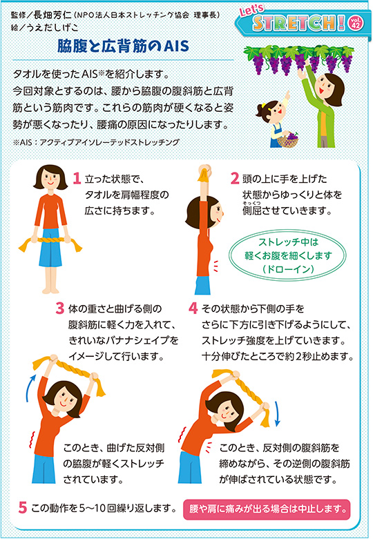 タオルを使ったAIS※を紹介します。今回対象とするのは、腰から脇腹の腹斜筋と広背筋という筋肉です。これらの筋肉が硬くなると姿勢が悪くなったり、腰痛の原因になったりします。 ※AIS:アクティブアイソレーテッドストレッチング