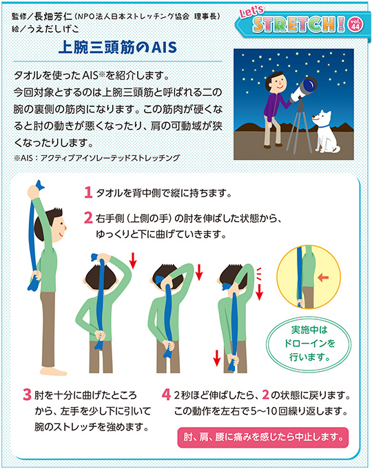 タオルを使ったAIS※を紹介します。今回対象とするのは上腕三頭筋と呼ばれる二の腕の裏側の筋肉になります。この筋肉が硬くな ると肘の動きが悪くなったり、肩の可動域が狭くなったりします。　※AIS:アクティブアイソレーテッドストレッチング