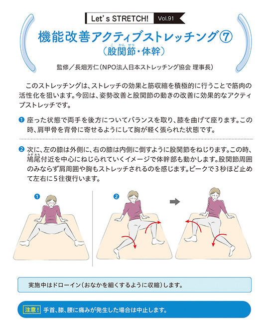 このストレッチングは、ストレッチの効果と筋収縮を積極的に行うことで筋肉の活性化を狙います。今回は、姿勢改善と股関節の動きの改善に効果的なアクティブストレッチです。